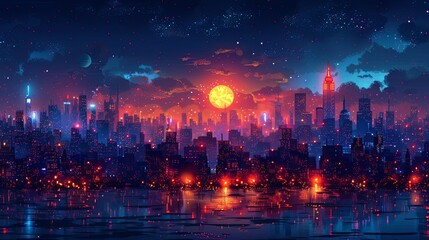 Fototapeta premium Busy downtown scene with neon lights and nightlife activity