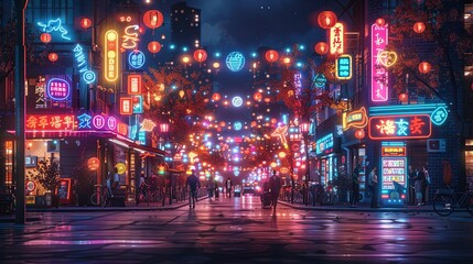 Obraz premium Busy downtown scene with neon lights and nightlife activity