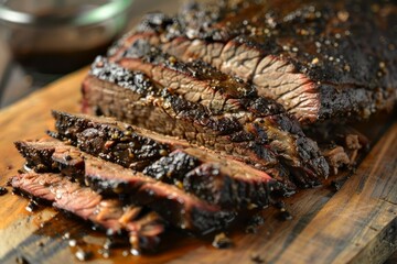 Slices of delicious barbecued brisket are resting on a cutting board