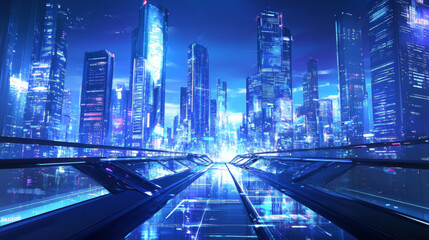 Fototapeta premium 3D futuristic cityscape skyscrapers with neon lights and holographic road blue background. glossy glass texture reflection technology urban landscape wallpaper