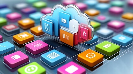 Illustration of secure cloud storage with data files safeguarded by security icons 