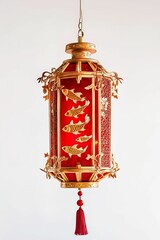 Fototapeta premium Ornate red lantern with gold fish designs.