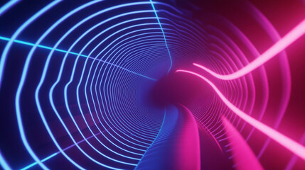 3D abstract neon light trail technology virtual reality corridor tunnel background. cyberpunk futuristic fashion vibrant line and shape geometric blue purple glow dark club bar concert wallpaper