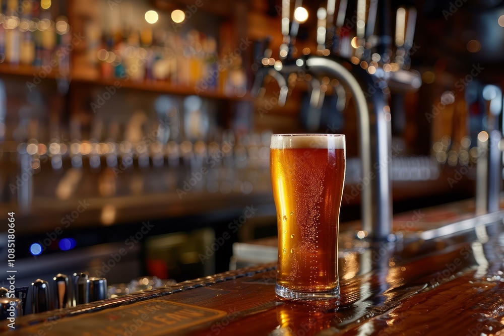 Aufkleber freshly poured beer sits on a bar top with a row of taps in the background