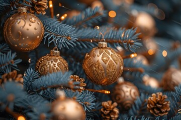 Elegant Gold Ornaments on Blue Spruce Branches - Perfect for Christmas Decor and Festive Design