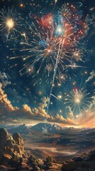 A breathtaking night sky filled with vibrant fireworks, illuminating the distant mountains and creating a sense of celebration and wonder.