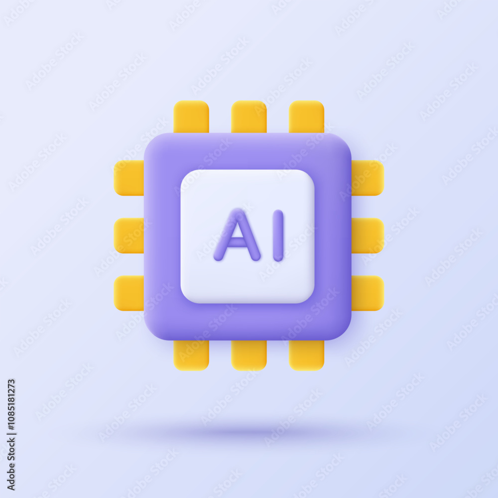 Poster 3D AI Chip processor icon. Minimalist 3D icon design of Artificial intelligence technology and Machine learning concept. Vector illustration