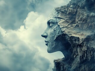 A majestic rock formation resembling a human face, set against a dramatic sky, highlighting the beauty of nature and artistry.