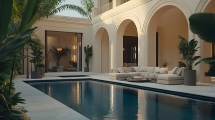 Luxury Poolside Patio with Arched Columns - 3D Illustration