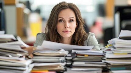 Professional Woman Surrounded by Paperwork in Modern Office Environment, Focused Expression Amidst Disorganization and Work Pressure