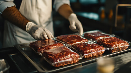 Butcher packaging ground meat in portioned bags.