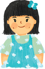 little girl with dimple in blue dress flower floral illustration watercolor cute doodle japanese asian