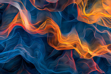 Fototapeta premium Abstract Fluid Art: Swirling, vibrant hues of blue, orange, and red dance across the canvas, creating a dynamic and mesmerizing abstract artwork. The colors blend seamlessly.
