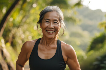 A woman is smiling and wearing a black tank top while running