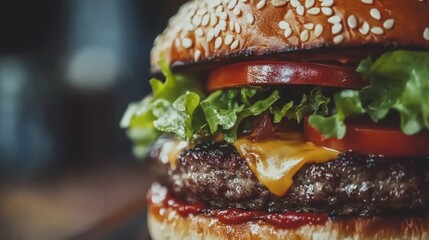 Juicy Cheeseburger with Fresh Vegetables - Delicious cheeseburger, fresh vegetables, melted cheese, juicy patty, sesame bun. Represents deliciousness, freshness, comfort food, satisfaction, and a clas