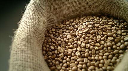 A burlap sack filled with raw coffee beans, showcasing their natural texture and earthy tones, ready for roasting or further processing.