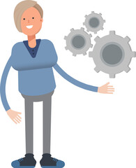 Woman Character Holding Gears
