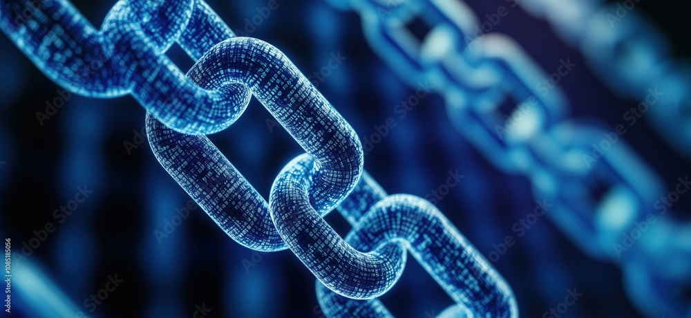 Poster digital chain link, glowing blue, representing blockchain technology, data security, and connectivit