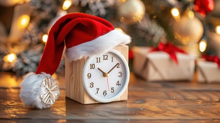 Christmas day theme decoration with hat santa and white retro clock.wood cube block calendar present