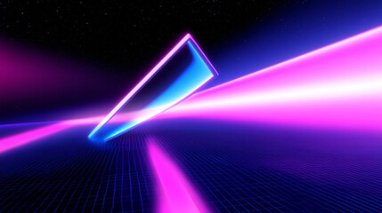 Fototapeta premium 3D neon pink violet blue triangle float in the center abstract geometric cyberpunk futuristic background. geometric pattern vibrant fashion game technology holographic cool retro vibe wallpaper