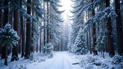Obraz premium Serene snow-covered forest path surrounded by tall trees under a misty atmosphere