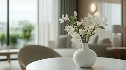 A serene interior featuring a white vase with flowers on a table.