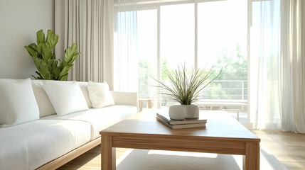 White Sofa and Coffee Table in a Minimalist Living Room - 3D Illustration