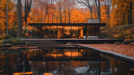 Obraz premium Modern glass house surrounded by vibrant autumn foliage reflecting in a serene pond.