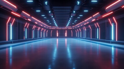 Fototapeta premium Neon-lit Empty Hockey Rink in Futuristic Stadium - Futuristic hockey rink, neon lights, empty arena, vibrant colors, modern architecture. Symbolizes: competition, technology, sport, future, design.