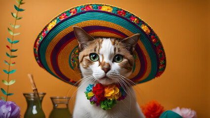 A cat wearing a sombrero and a flowery collar