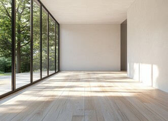 Fototapeta premium Sunlit minimalist room interior design with large windows overlooking a lush green garden. Perfect for showcasing home decor, real estate, or architectural concepts.