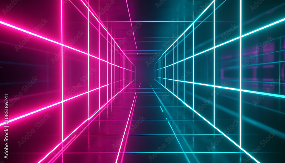 Poster neon light grid. intersecting lines in bright magenta and teal. futuristic pattern creating an illus