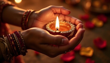 A Light in the Hands: A pair of adorned hands tenderly cradle a lit lamp, emanating a soft glow, symbolizing peace and enlightenment.  
