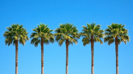 Fototapeta premium Five tall palm trees against a clear blue sky create a tropical atmosphere.