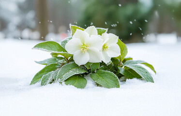 Christmas rose close-up, delicate bloom in snowy landscape