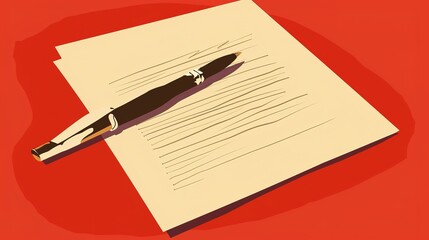 Letter Paper and Pen - a classic and elegant visual. The red background enhances the nostalgic and sophisticated appeal of the letter writing setup.