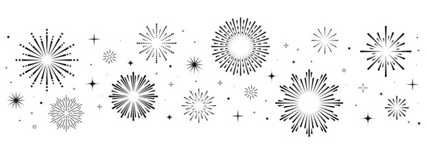 Obraz premium Abstract burst black pattern fireworks. Art deco star shaped firework on white background with rays and trails. Vintage golden sunburst set.