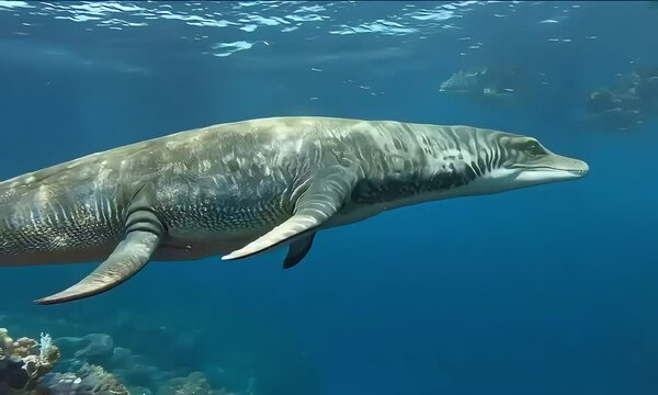 A digital reconstruction of the extinct marine reptile, Ichthyosaur, swimming in an ocean habitat.