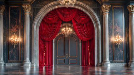 Fototapeta premium Elegant theater entrance with red velvet curtains and chandeliers in ornate setting