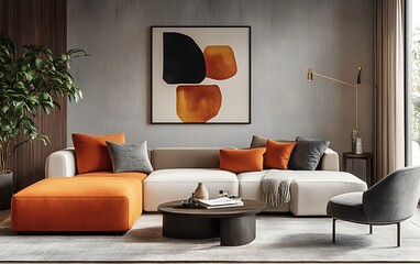 Modern living room with stylish furniture and decorative art.
