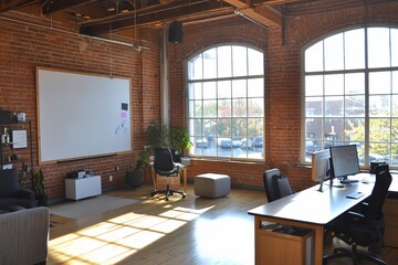 Fototapeta premium Bright and Spacious Office Space with Natural Light and Brick Walls