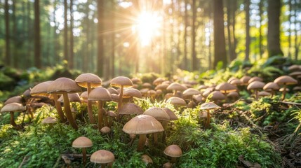 Forest filled with mushrooms, sunlight glows through trees, ample space for text, very detailed