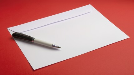 Letter Paper and Pen - a classic and elegant visual. The red background enhances the nostalgic and sophisticated appeal of the letter writing setup.
