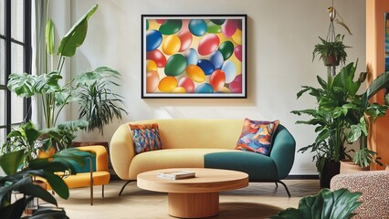 Living room with colorful furniture, and a framed artwork of overlapping colourful easter egg in harmonious vibrant colourful tones 