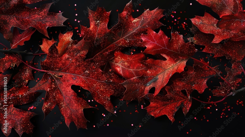 Poster scarlet red oak leaves with ruby glitter, creating a fiery display against a stark black background.