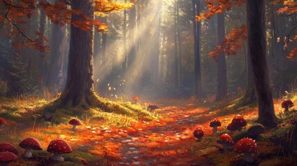Forest floor with mushrooms and sunlight filtering through trees, space for text