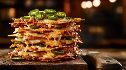 Fototapeta premium A stack of greasy, cheesy nachos topped with jalape, perfect for a snack craving