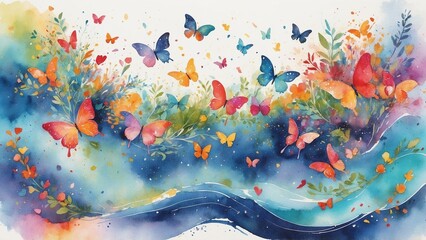 Colorful watercolor illustration of butterflies and flowing waves with floral elements