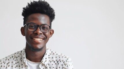 Obraz premium Joyful African American man smiling brightly in a light setting, savoring happiness