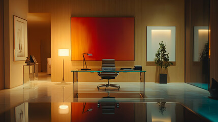 Modern Office Interior with Glass Desk and Abstract Artwork - 3D Illustration